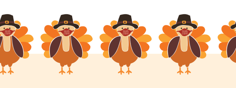Hand-drawn turkeys wear masks and pilgrim hats