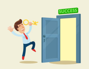 Cartoon man holding golden key opened a blue door with the word "success" written above